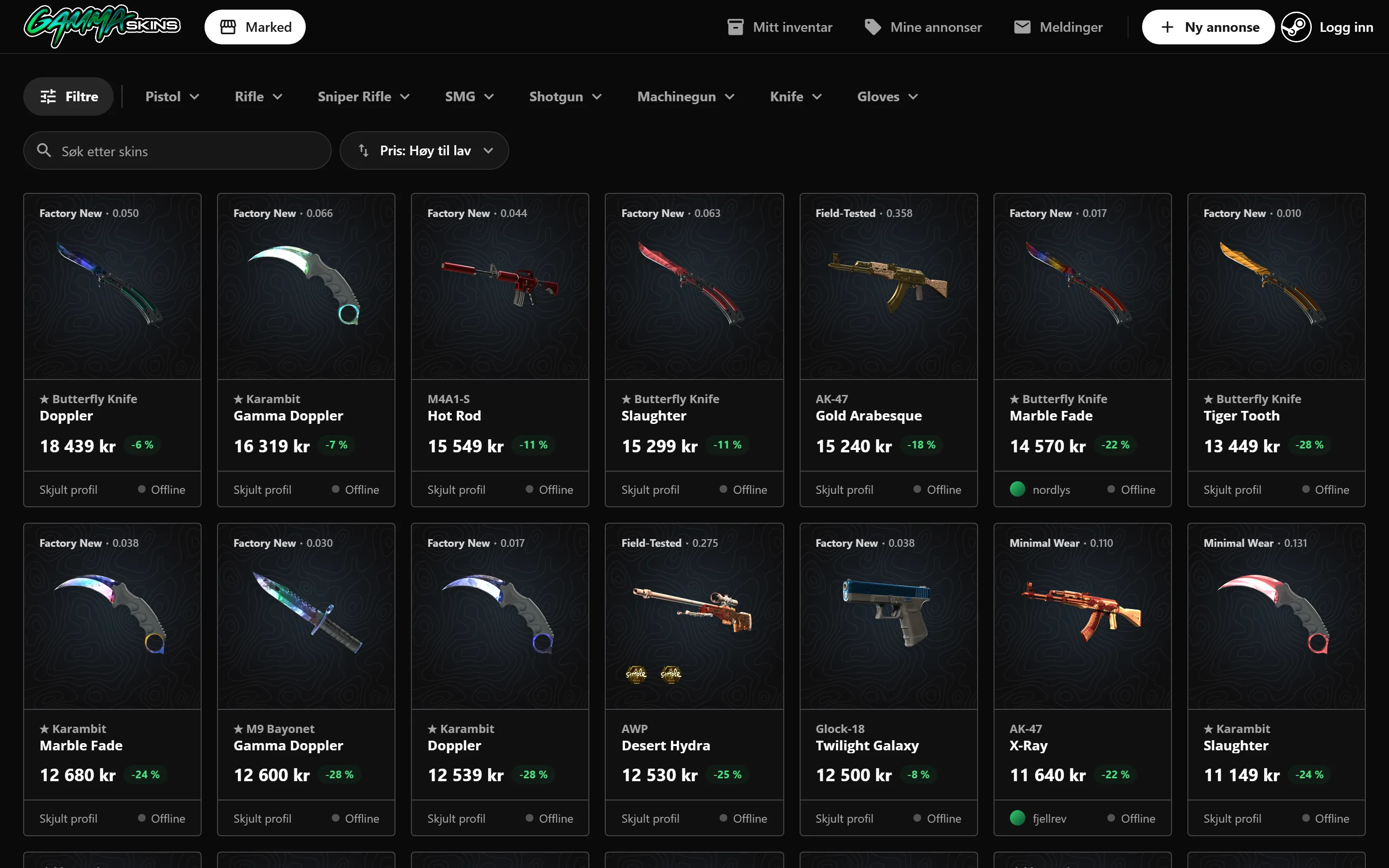 Markedet på gammaskins.no med kniver og våpen til salgs i norske kroner